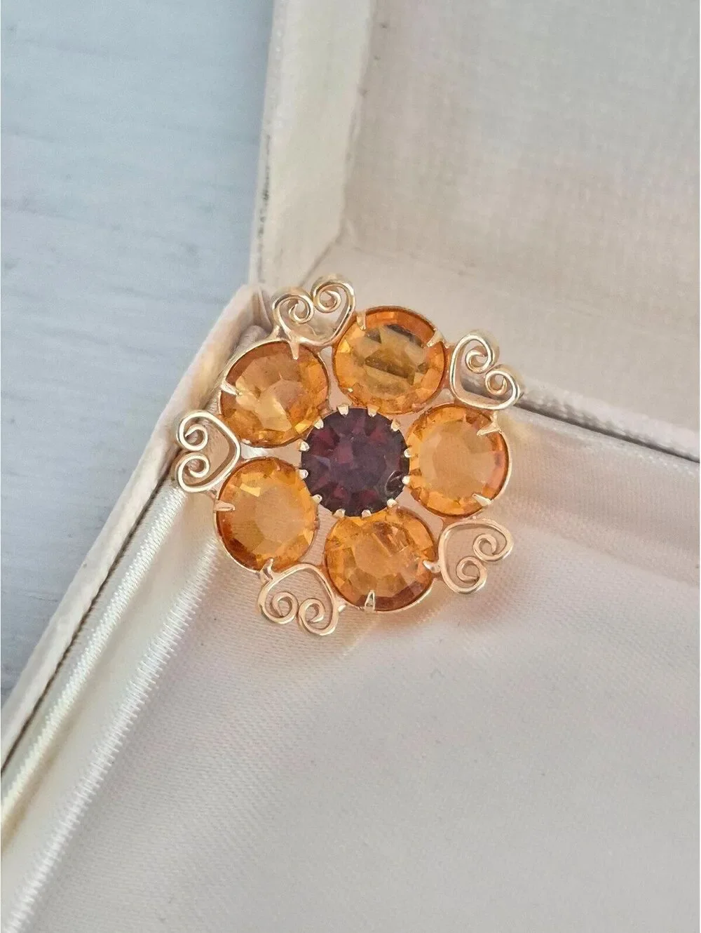 Vintage Mini Citrine Glass Floral Brooch Pin